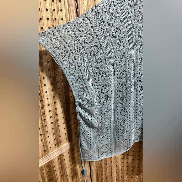 Indigo Soul Crochet Knit Sweater Cover Up with Side Gather Tassels Poncho - Picture 4 of 6